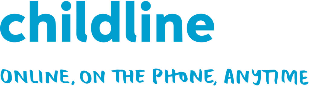 Childline logo - reads Childline, online, on the phone, anytime. Blue text on white background